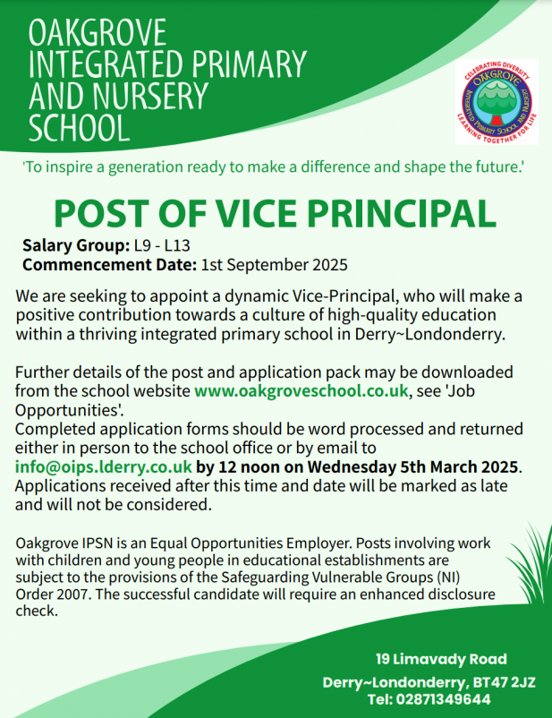 Please click on the image to go directly to details about the post of Vice Principal at Oakgrove IPSN.